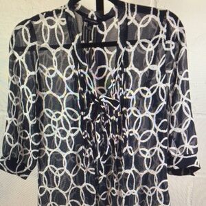 Black and White Ruffled 3/4 Sleeve Blouse with Mandarin Collar